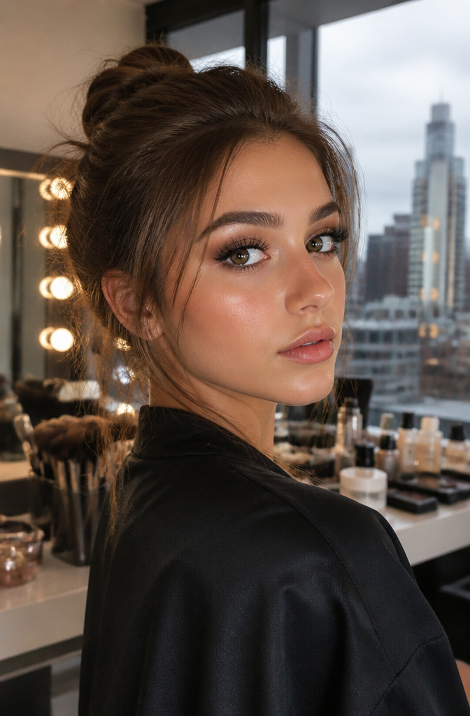 Model showcasing full lashes in a beauty studio.