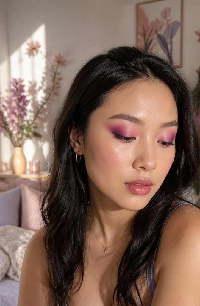 A model showcasing pink and purple blended eyeshadow.