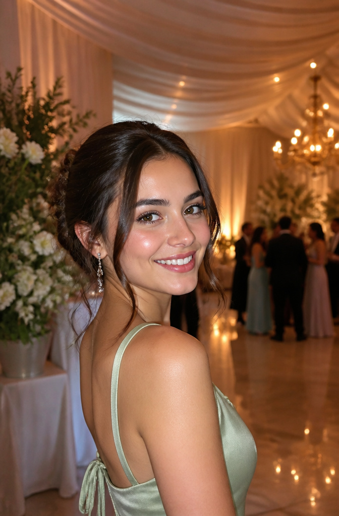 A young woman with feathered brows poses in a softly lit prom venue.