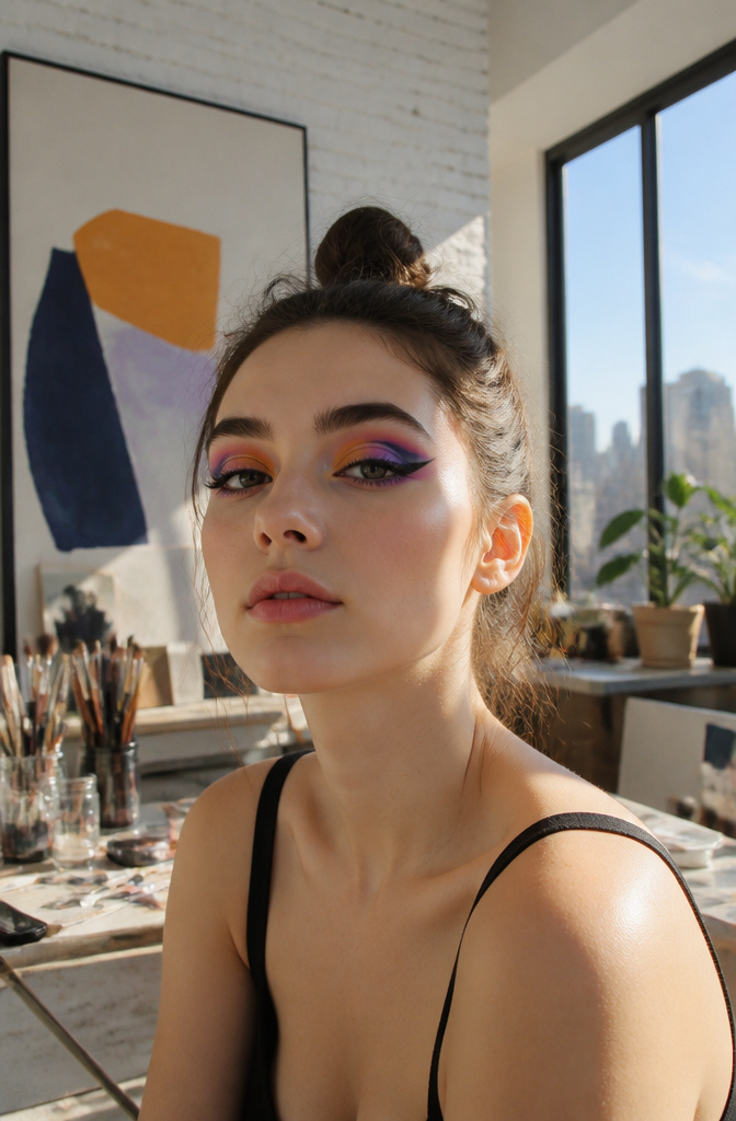 Model with bold graphic eye makeup in an urban loft.
