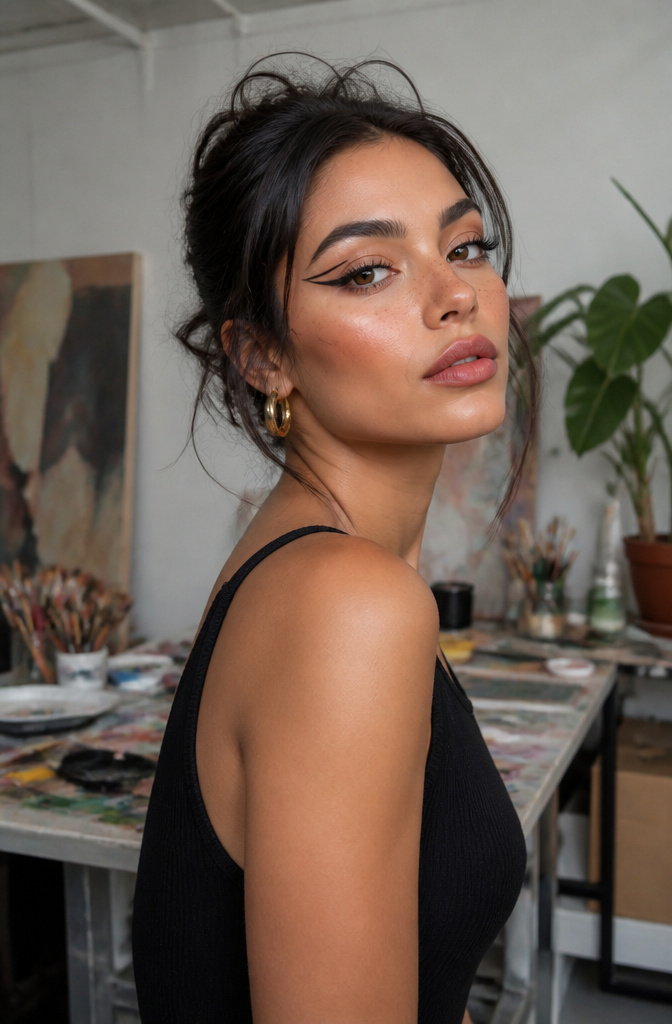 Model with double-winged eyeliner in a colorful studio.