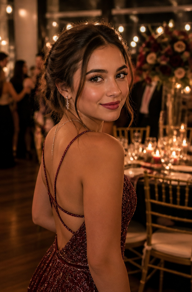 A young woman with classic glam makeup at a beautifully decorated prom.