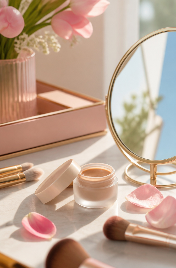 A concealer tube next to a mirror on a pastel backdrop.