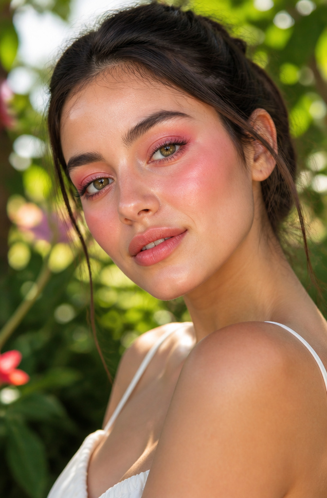 A model with strawberry girl makeup on her cheeks and eyelids.