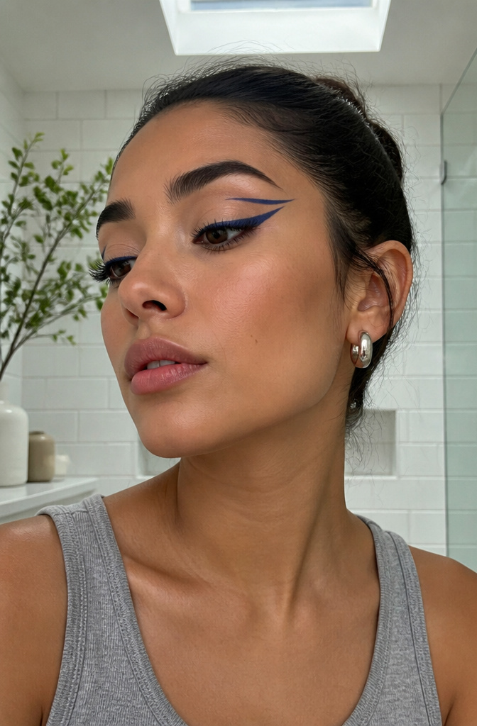 Model with negative space cat eye makeup in blue.