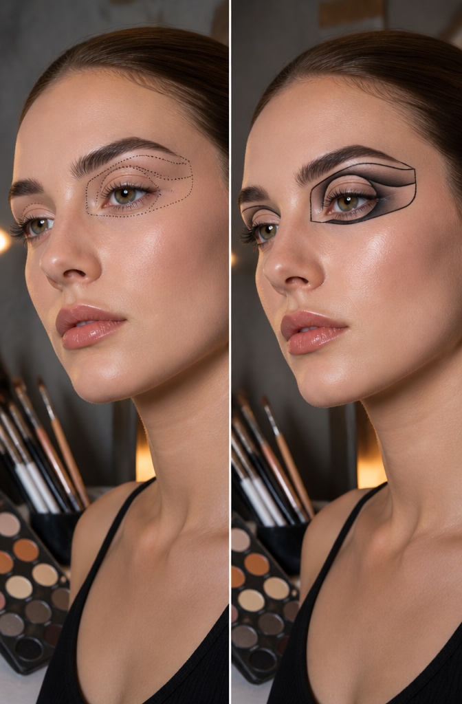 Model showcasing intricate optical illusion makeup with mapped shapes.