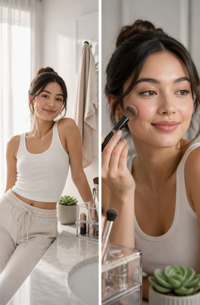 Model with minimal makeup using a hydrating skin tint.