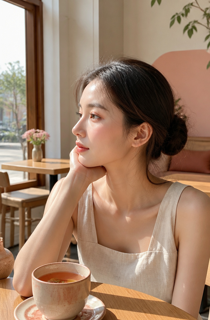 A model with peachy makeup in a bright café background.