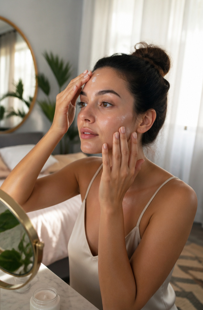 Model applying luminous primer at a stylish vanity.