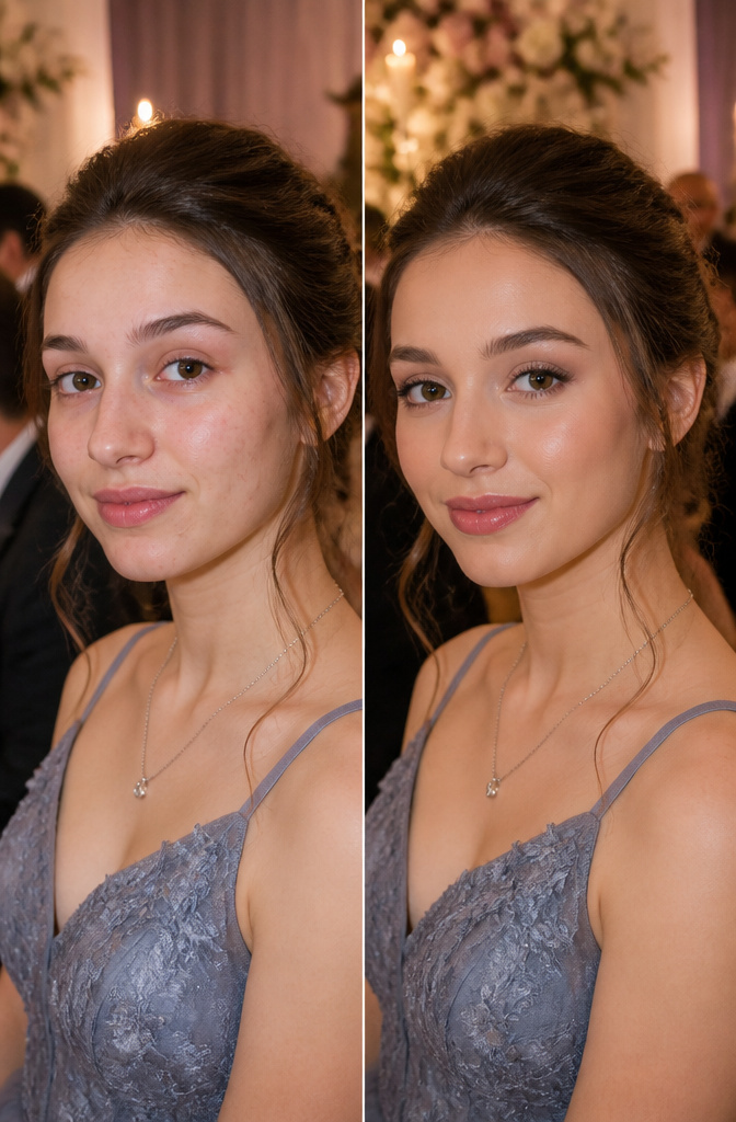 A close-up of a young woman's eyes with soft gray eyeshadow.