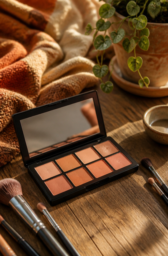 A selection of peach eyeshadows in an open palette.