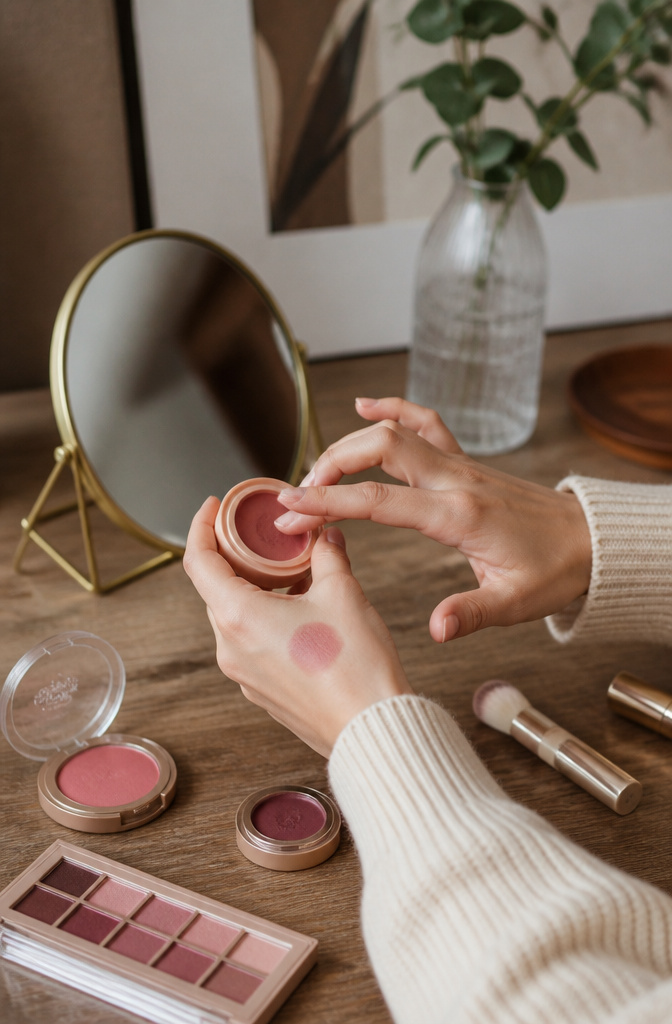 Cream blush applied to eyelids with makeup items in the background.