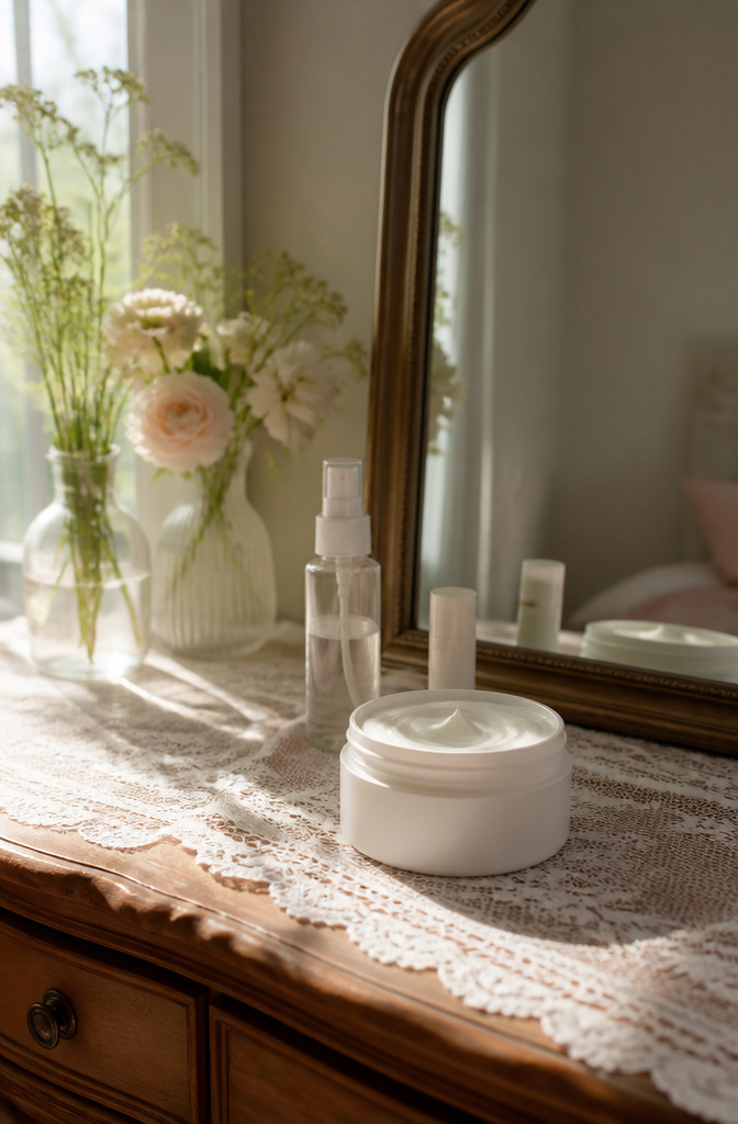 Burt's Bees Sensitive Daily Moisturizing Cream on a lace-trimmed vanity.