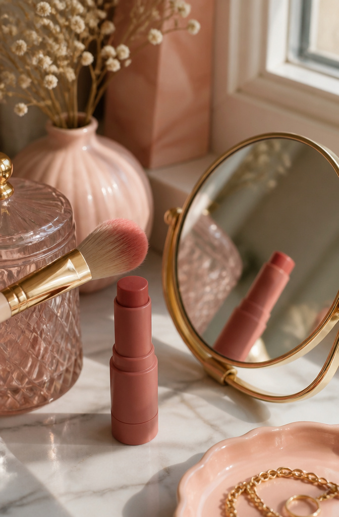 A cream blush stick and a brush on a stylish vanity.