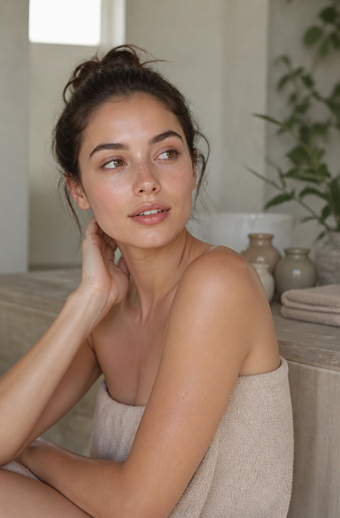 Model showcasing a natural skinimalism look in a tranquil environment.