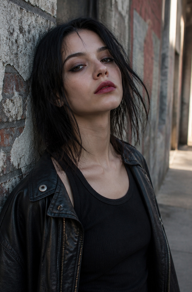 A model with smudged charcoal eyeshadow in an urban alley.