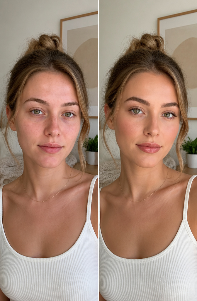 Model with natural makeup, showcasing minimal concealer and clear brow gel.