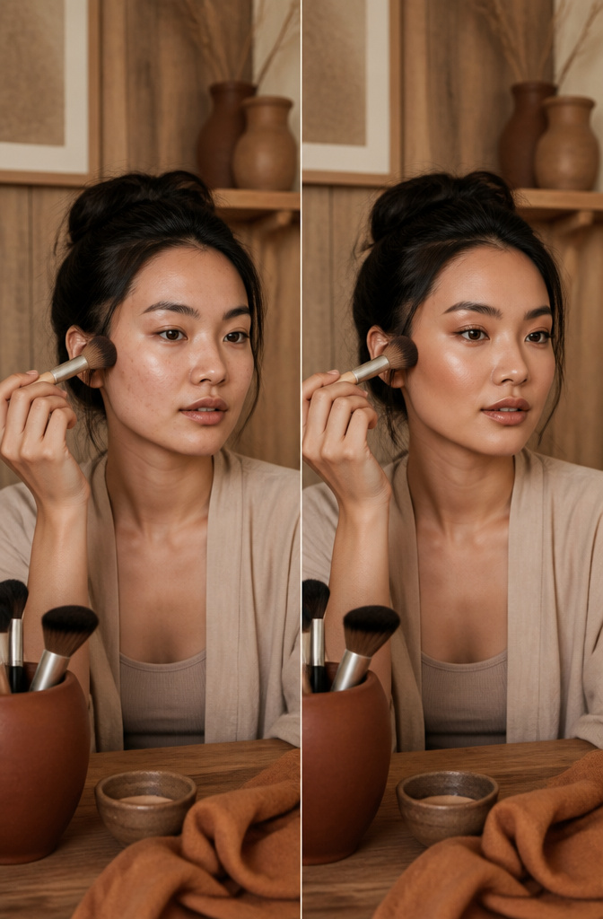 My Makeup Look: 6 Face-Shape Guides for Your Best Style 4 Model demonstrating bronzer application for a round face.