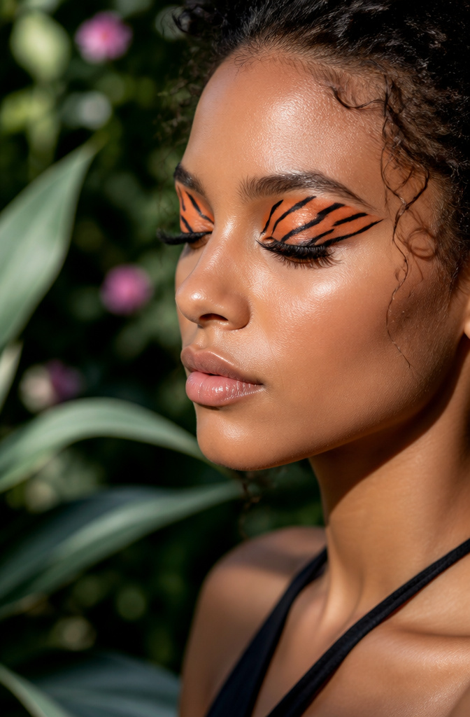 Close-up of model with intricate tiger stripe makeup on eyelids.