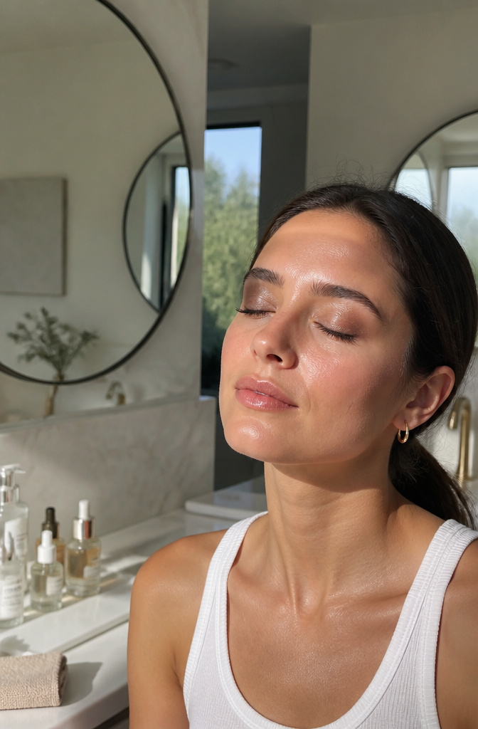 Model with dewy taupe eyeshadow in a modern bathroom setting.