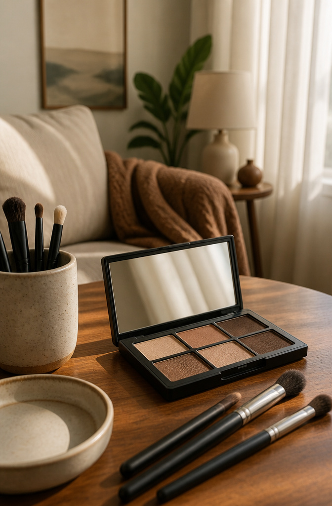 Soft smoky eye with mid-tone brown shadows in a cozy living room.