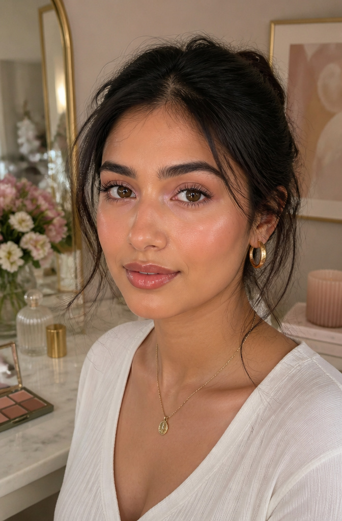 A model with pale pink shadow applied to her inner eye corners.