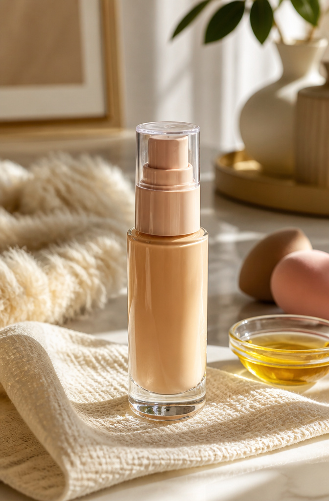 A foundation bottle displayed on a clean surface.
