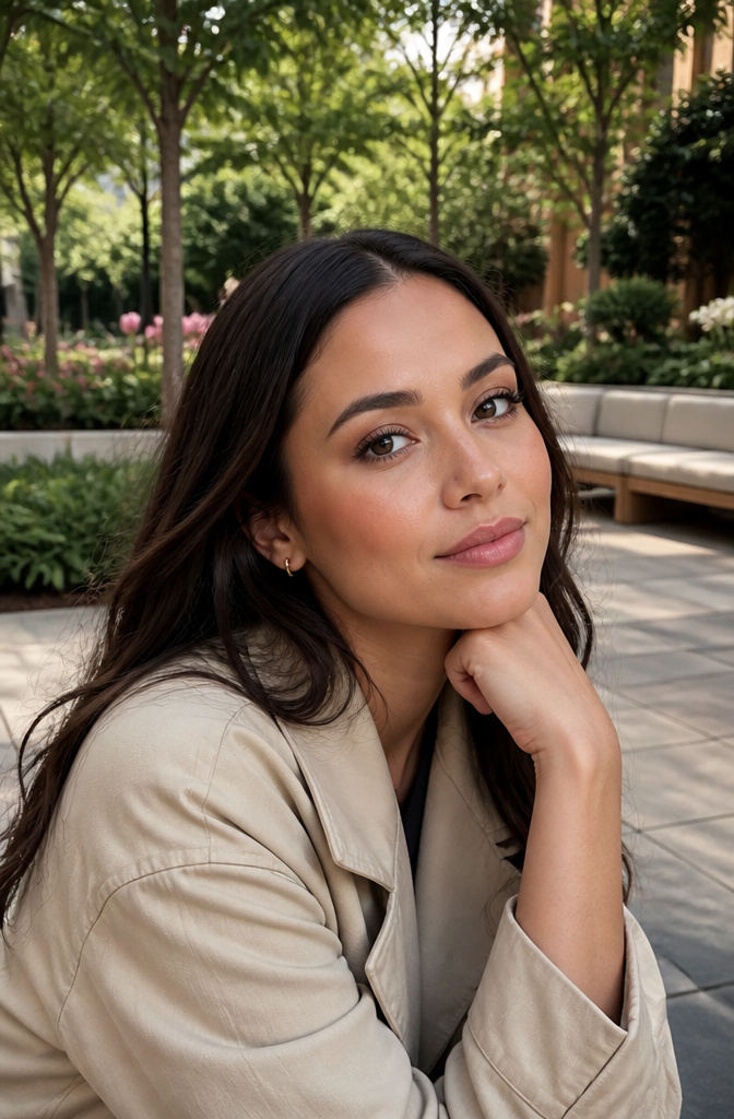 A model showcasing Natural Soft Glam makeup in an urban park.