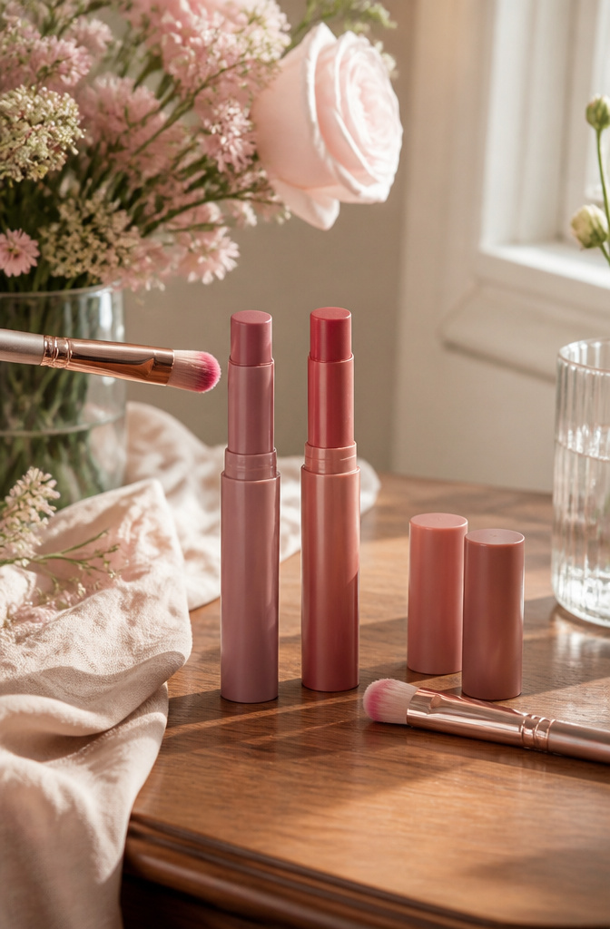 Two lip tint shades and shimmering lip brushes on a wooden table.