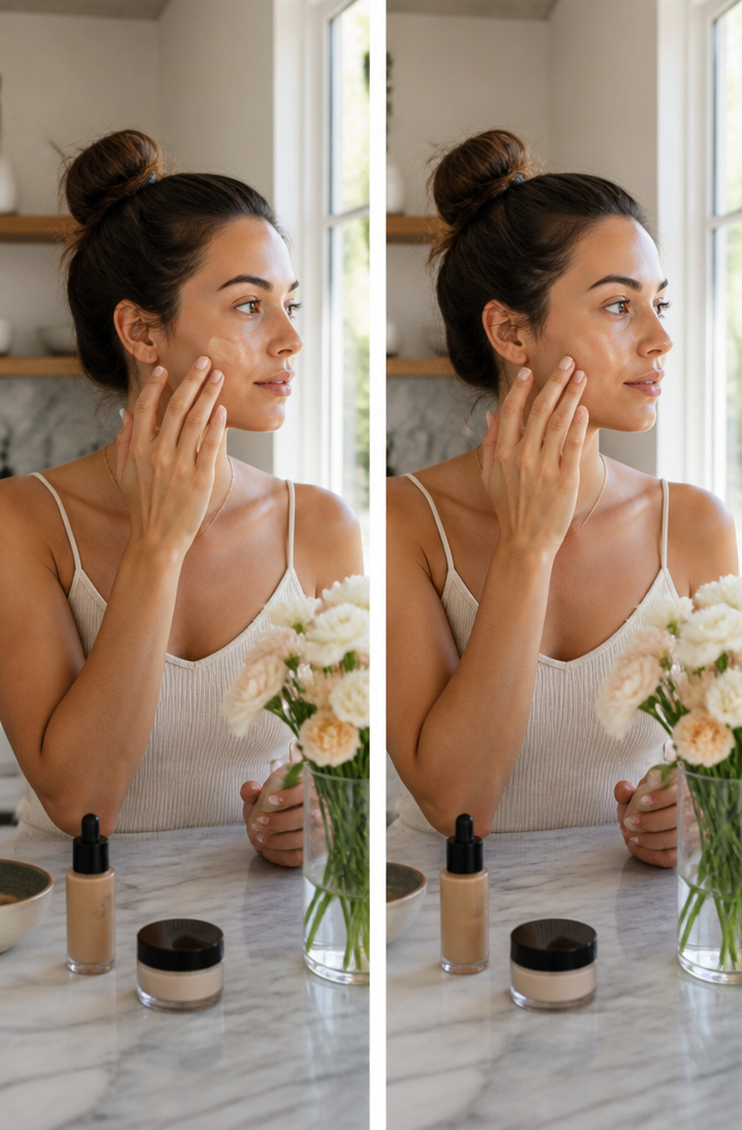 Model applying tinted moisturizer with her fingers.
