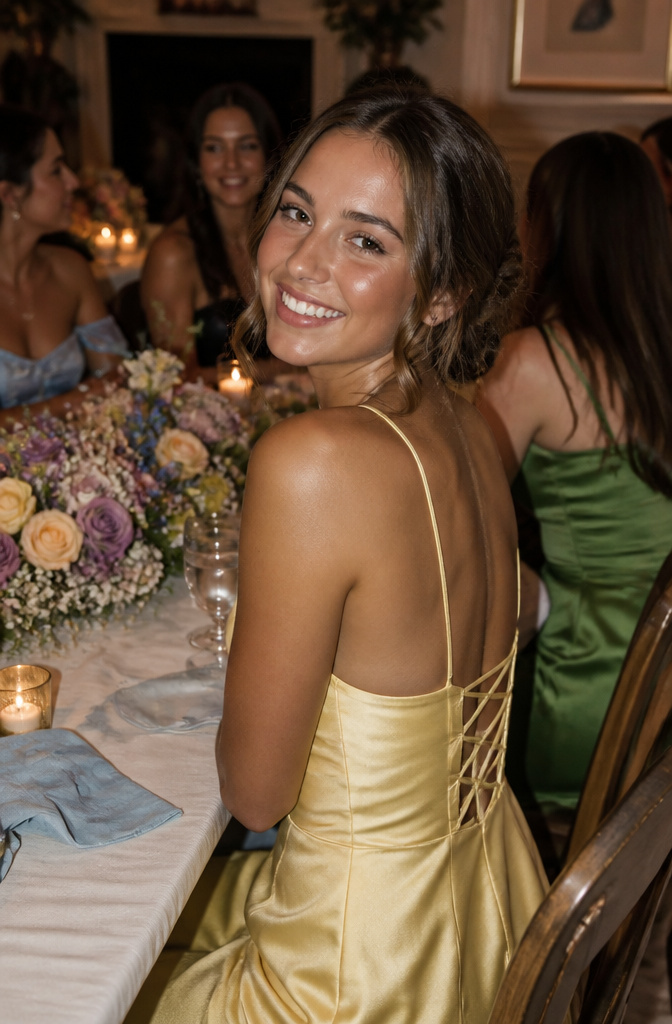 A young woman smiling with bronzer applied in a softly styled prom atmosphere.