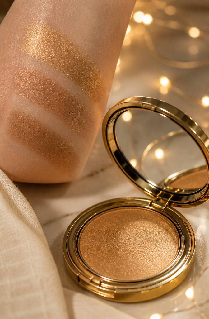 Close-up of a model's eyes adorned with golden eyeshadow.
