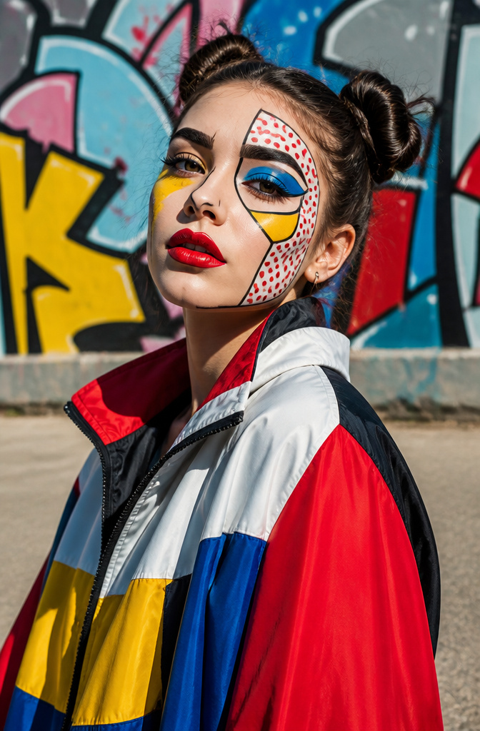 Model with pop art makeup, featuring bright colors and sharp outlines.