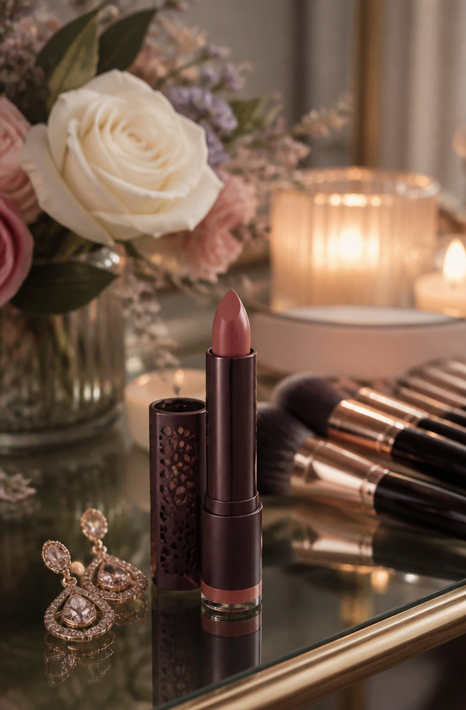 Burt's Bees Lipstick in Iced Iris placed in a chic setting.