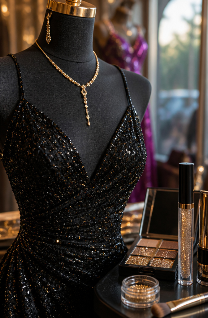 A model showcasing glittery eye makeup with glossy lips.