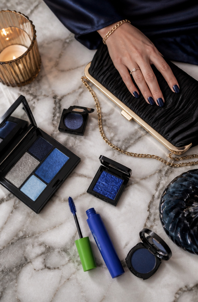 Blue mascara tube next to dark blue eyeshadow.