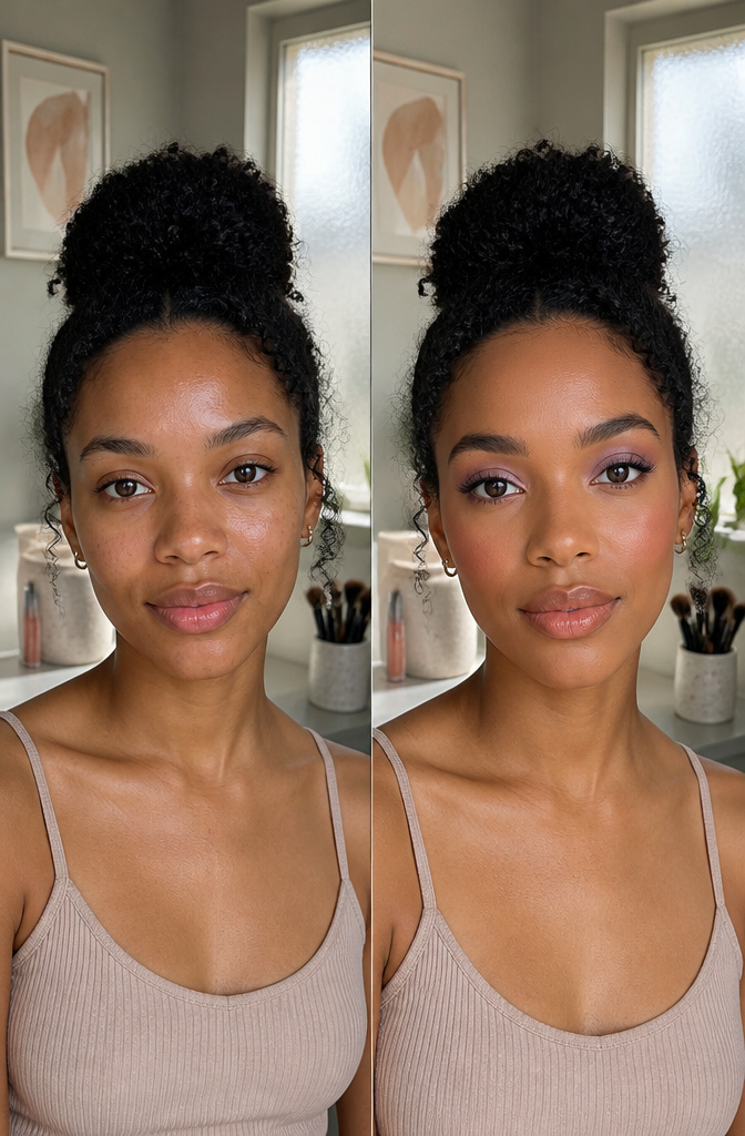 A model with pastel eyeshadow and blush on medium-deep skin.