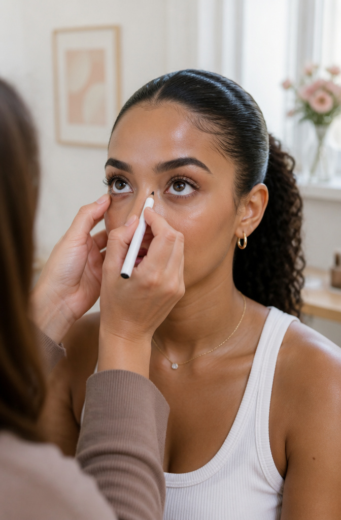 Classic Makeup Ideas: Timeless Looks for 2026 5 Close-up of a model applying white eyeliner to her lower waterline.