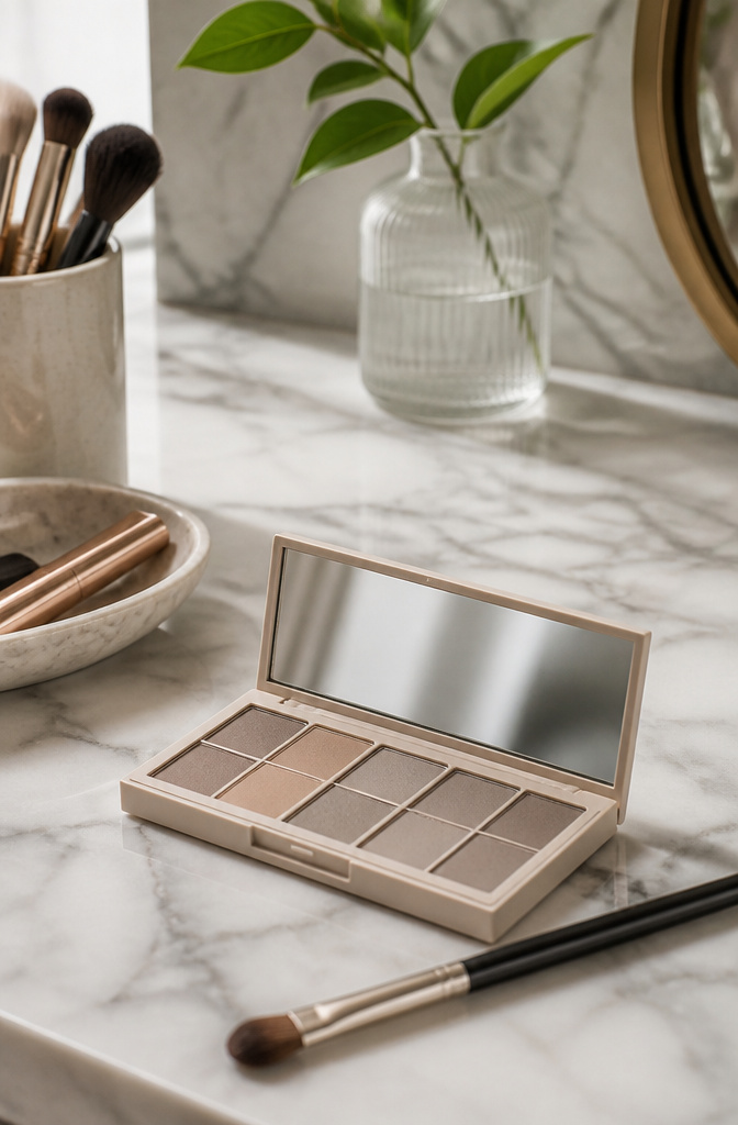 Cool-toned matte eyeshadow applied to eyelids on a bathroom counter.