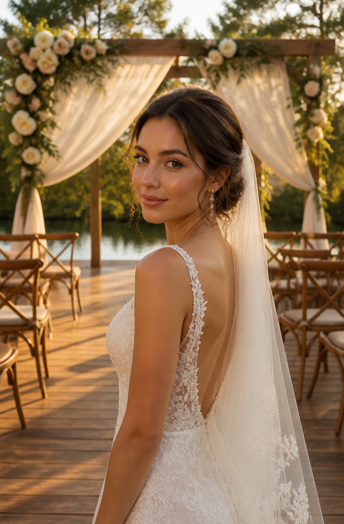 Model in wedding makeup with soft brown eye shadow and nude lips.