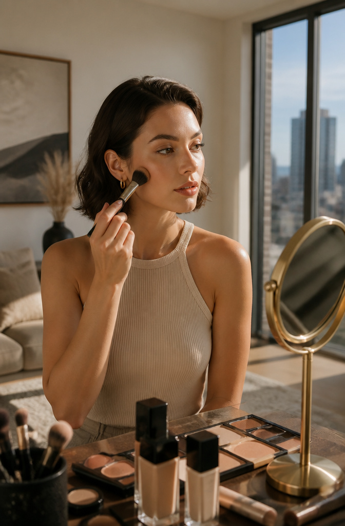 My Makeup Look: 6 Face-Shape Guides for Your Best Style 5 Model using bronzer and blush in a stylish urban apartment.