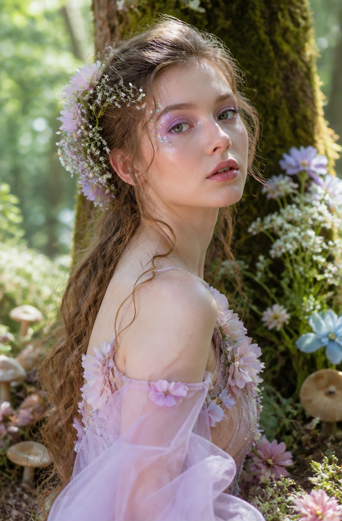 A model with pastel makeup and gems in a whimsical forest.