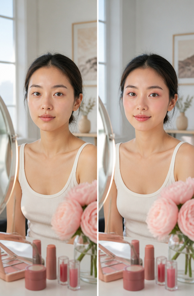 Monochromatic pink makeup products arranged together on a surface.