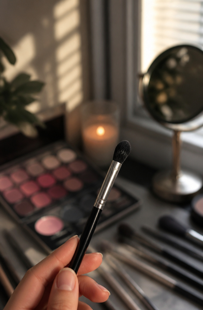 Rich matte black eyeshadow applied to the outer corner of the eye.