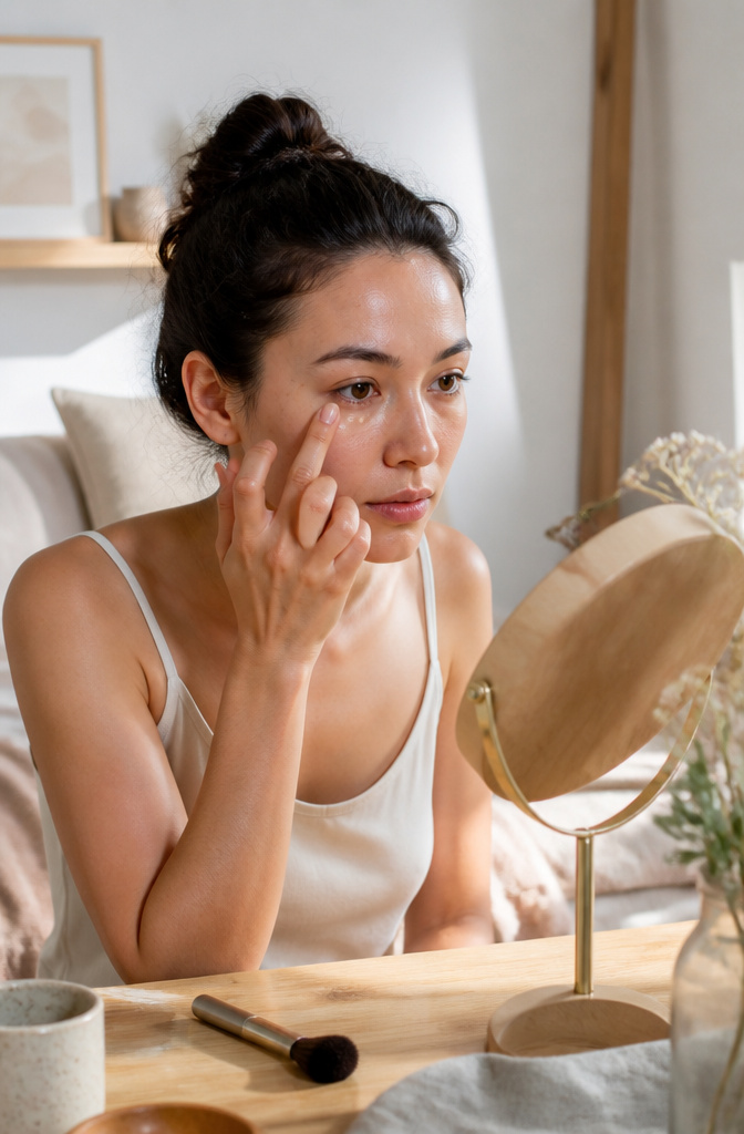 Model applying concealer to her under-eye area.