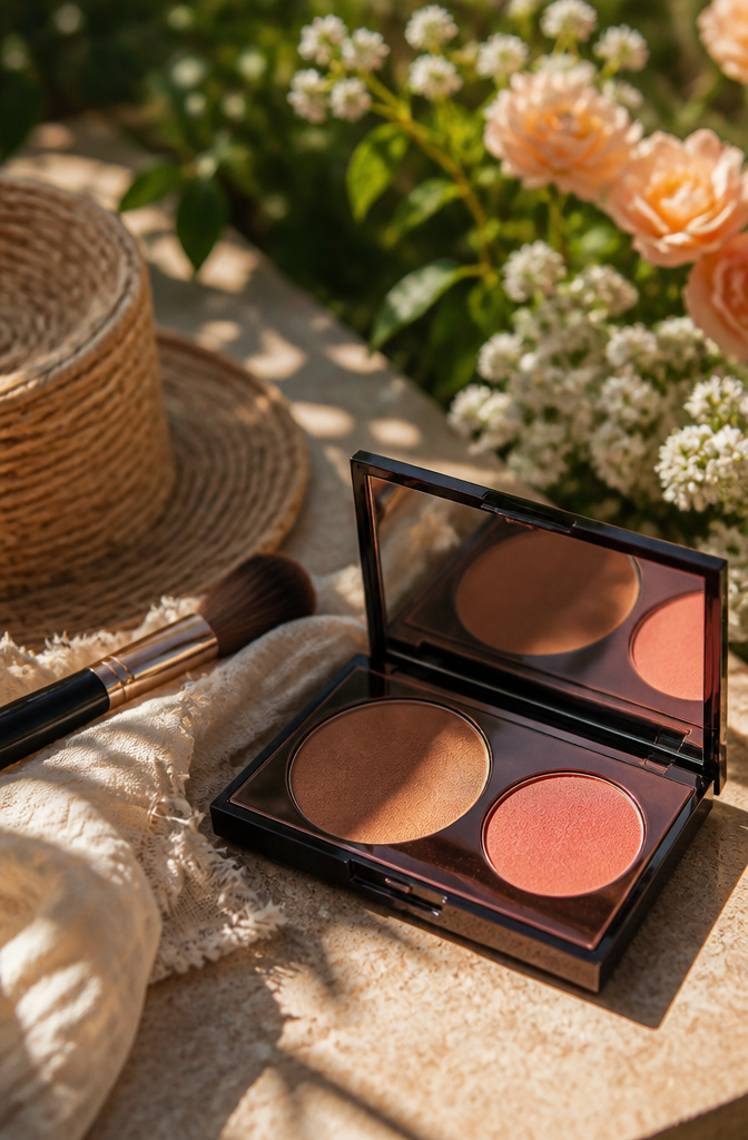 Close-up of bronzer and peachy blush on model's sun-kissed makeup.