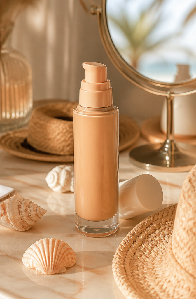 A tinted moisturizer tube on a marble countertop.