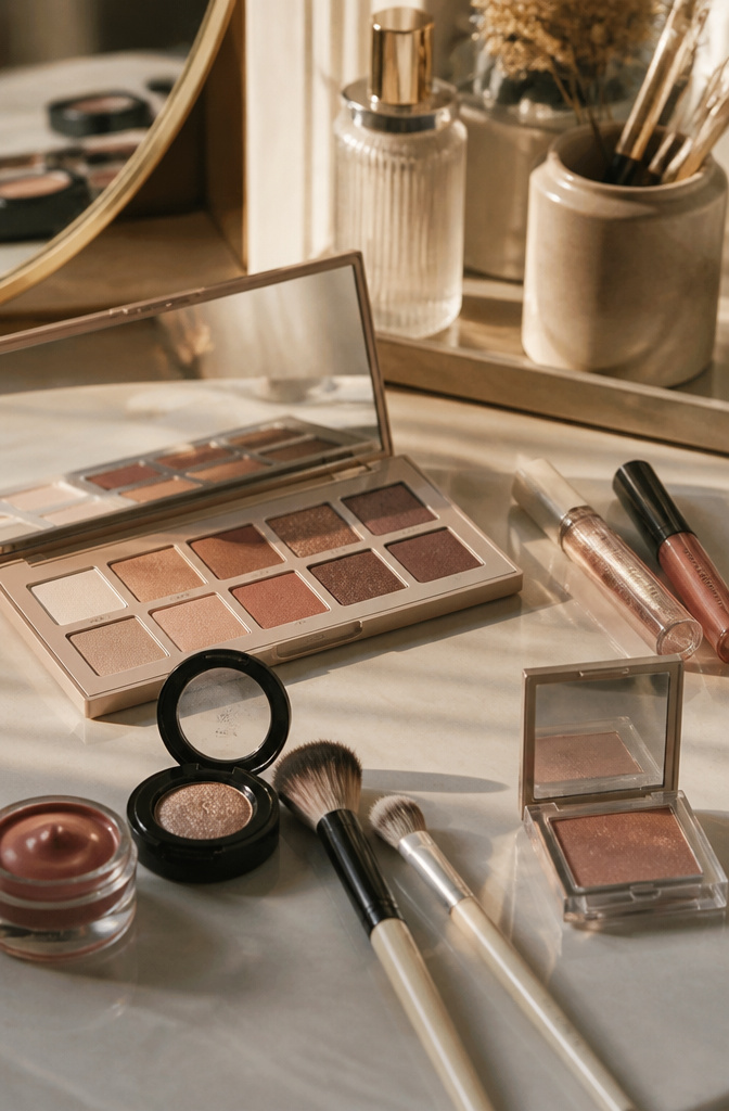 Glossy eyeshadow layered over muted eyeshadow at a makeup station.