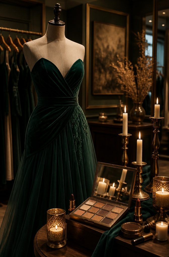 Forest green dress on a mannequin with luxurious bronze makeup nearby.