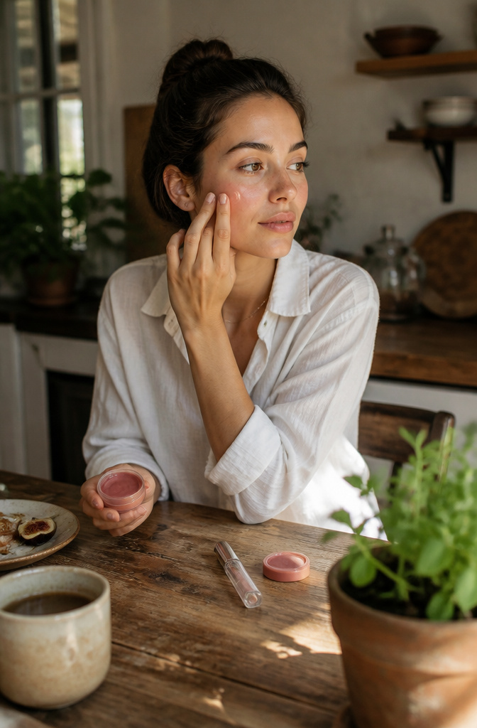 Classic Makeup Ideas: Timeless Looks for 2026 6 A model in a sunlit kitchen wearing a no-makeup makeup look.